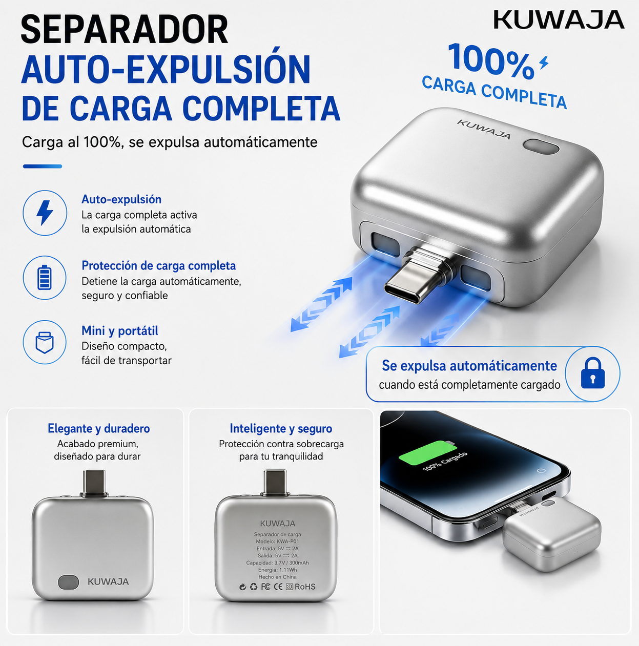 Desconectador Automático Inteligente KUWAJIA KH-51 de 140W Tipo-C con Protección Contra Sobrecarga, Blanco/Azul, Modo Dual para Teléfono, Tableta y Portátil